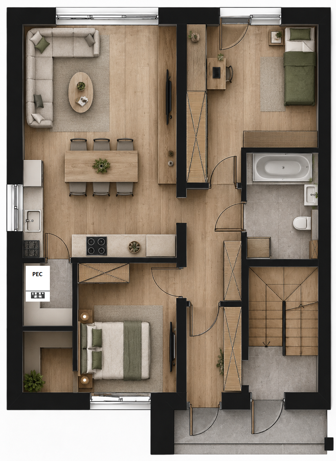 Rzut 3D mieszkania nr 1 – 74,83 m², Sieradzka, Bełchatów