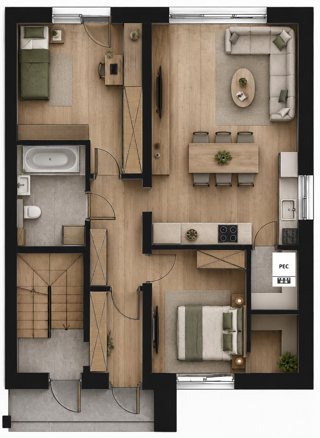 Rzut 3D mieszkania nr 3 – 74,83 m², Sieradzka, Bełchatów